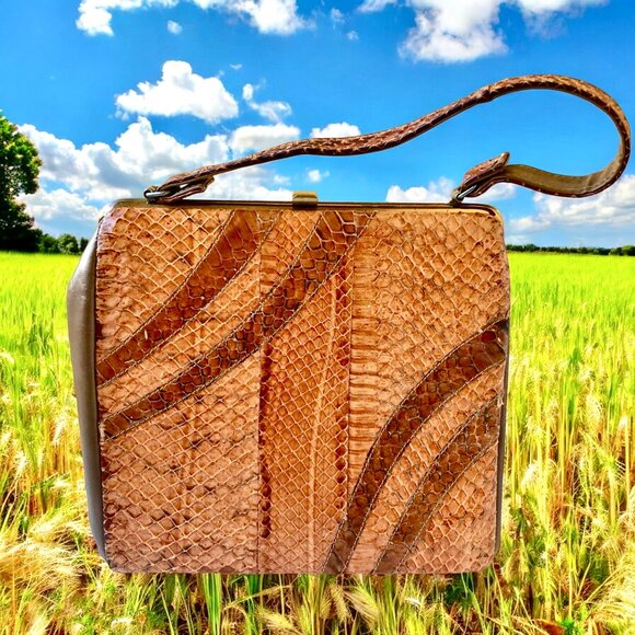 Vintage Snakeskin Handbag Structured Top Handle Clasp Purse Pocketbook - Picture 13 of 13